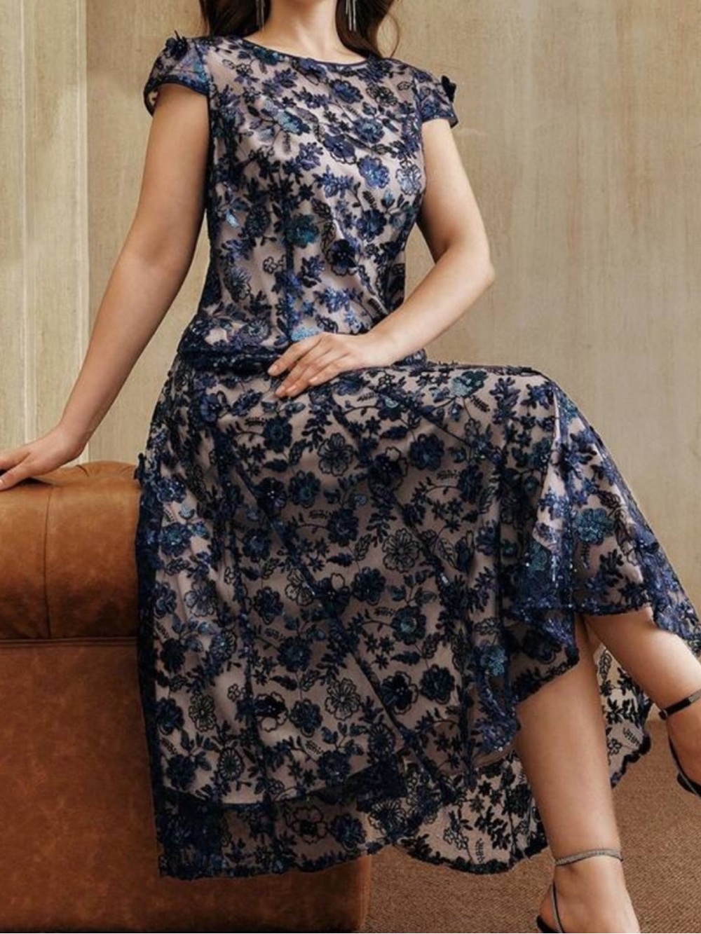 ANEWSTA Navy Blue Floral Sequin Mesh Overlay Maxi Dress XL 12 Formal Wedding